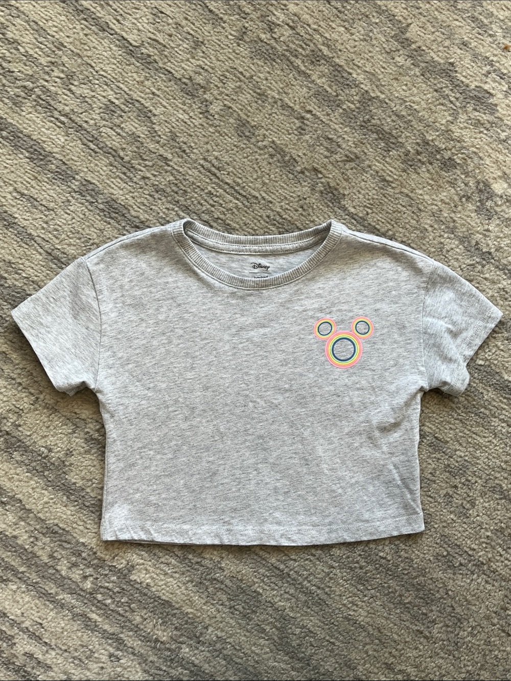 Disney Gray Cropped Tee with Rainbow Ring Mickey Accent